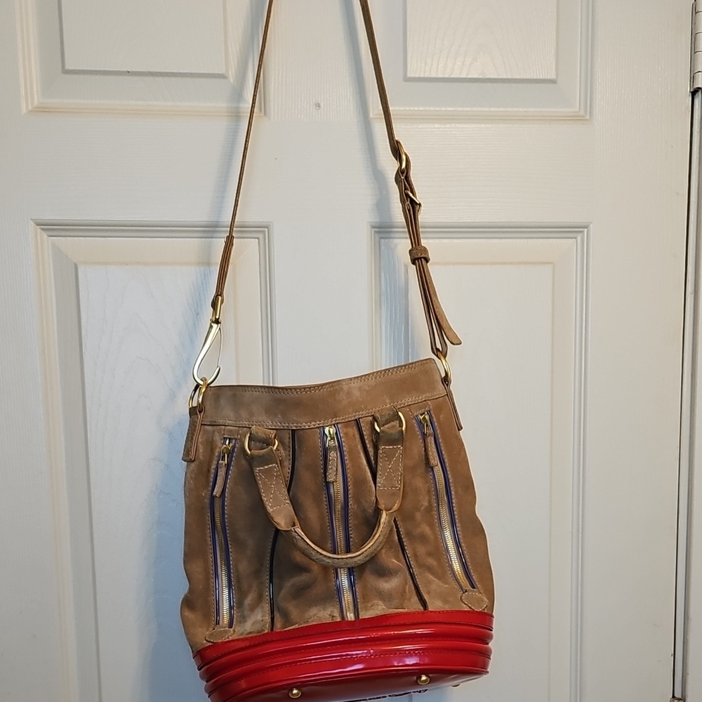 Lacoste Tan and Red Suede Women's Bucket Bag
